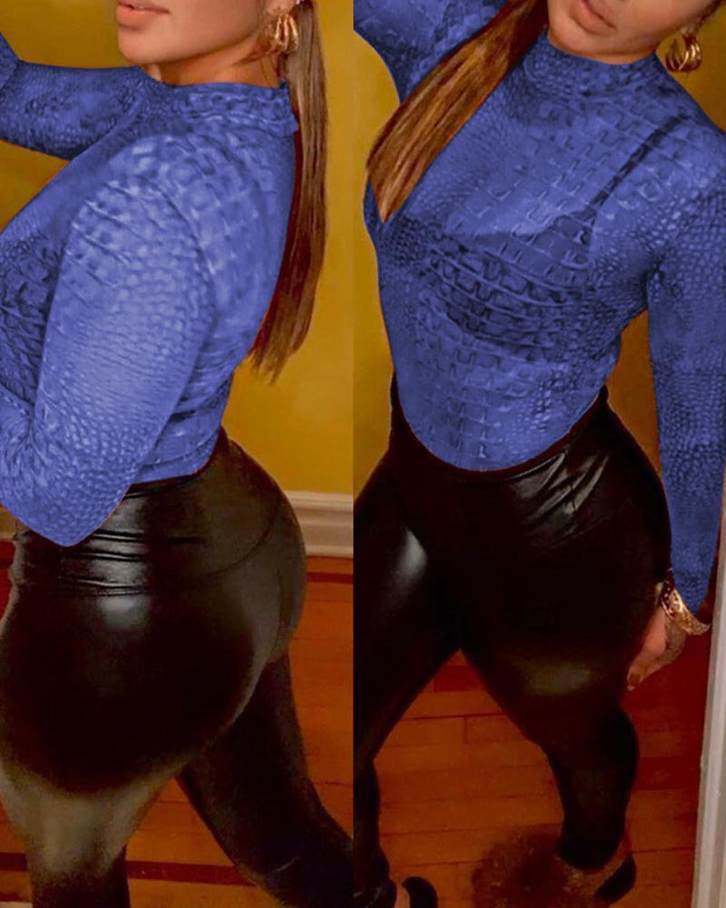 

Snakeskin Print Round Neck Long Sleeve Mesh Women Top, Blue