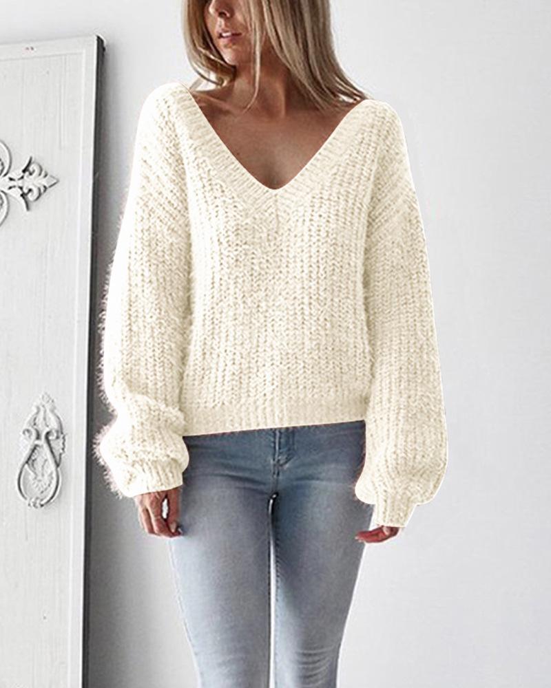 

Solid Bloomer Sleeve Lace-up Back Loose Sweaters, Beige