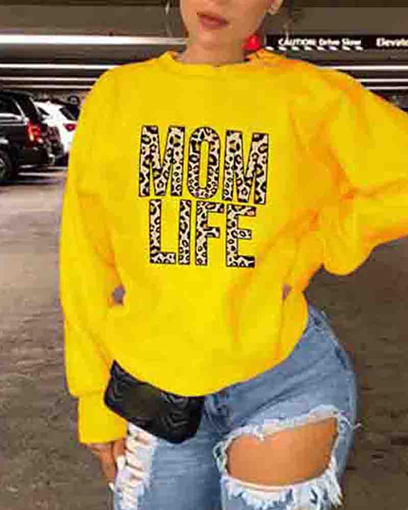 

Mother's Day Leopard Letter Print Lined Sweatshirt, Yellow