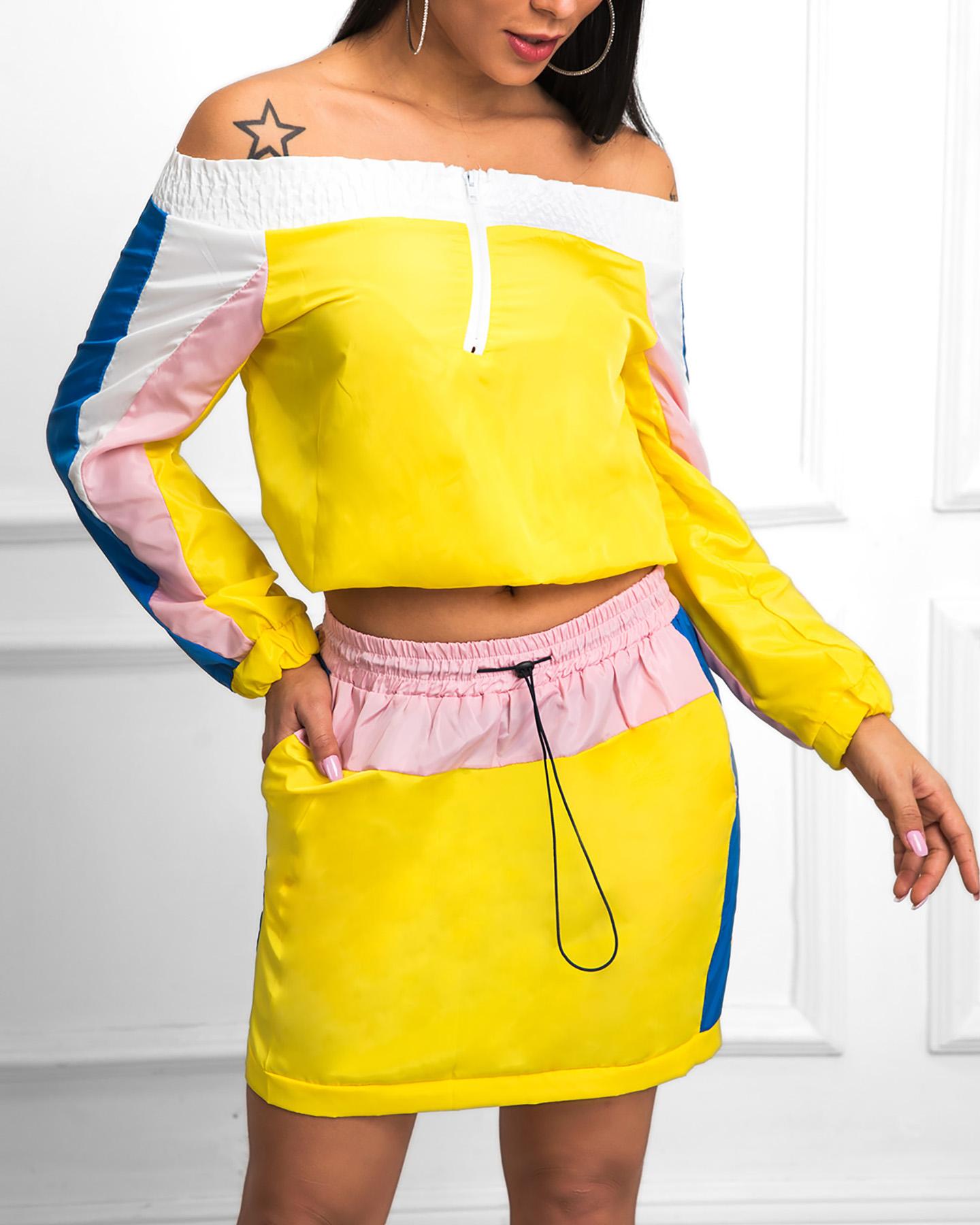 

Contrast Color Off Shoulder Top With Skirt Sets, Yellow