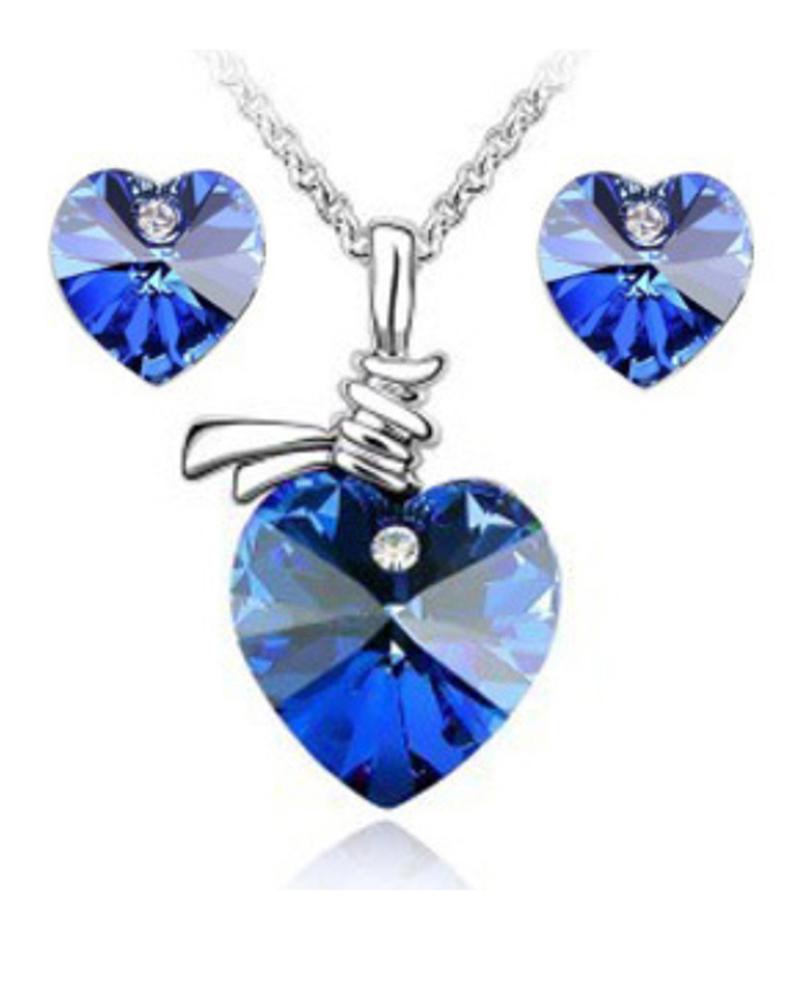 

3PCS Heart Shaped Pendant Necklace & Earrings Set, Dark blue