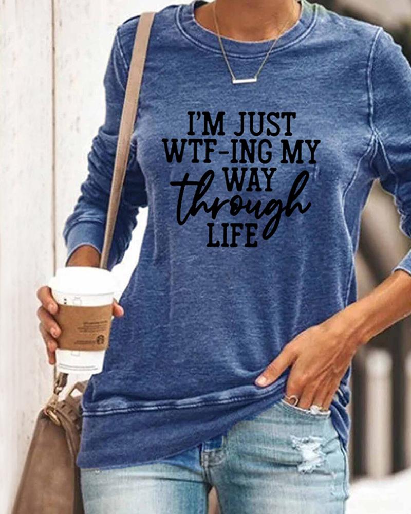 

Long Sleeve Letter Print Pullover Sweatshirt, Blue
