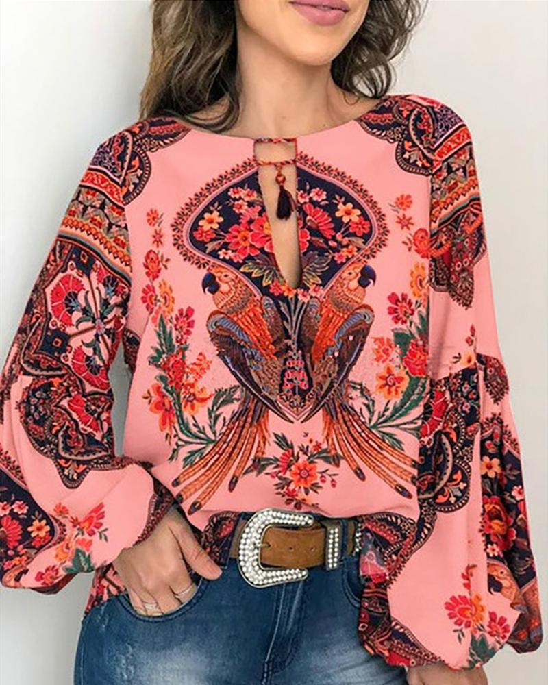 

Exotic Print O-neck Lantern Sleeve Women Blouse, Red