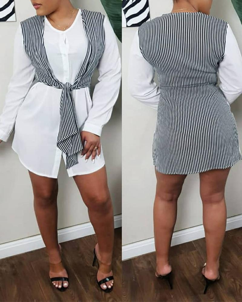 

Striped Colorblock 2 In 1 Shirt Dress, White