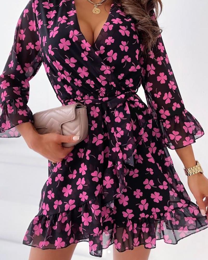 

Floral Print Lace Up Frill Hem Dress, Purple