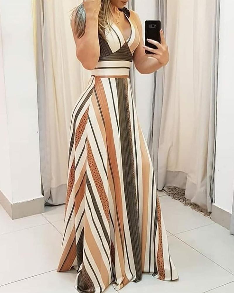 

Striped Colorblock Plunge Maxi Dress, Brown