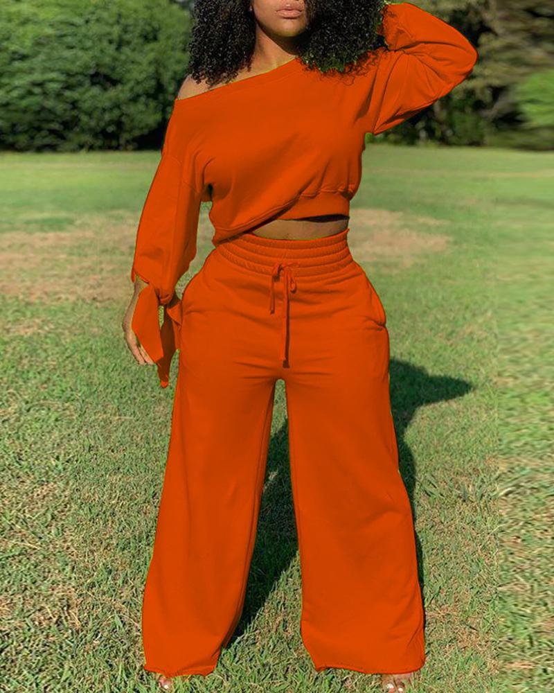 

Solid Tied Detail Top & Drawstring Pants Set, Orange