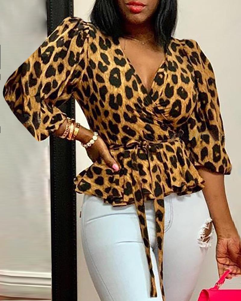 

Leopard Puff Sleeve Tied Waist Women Blouse