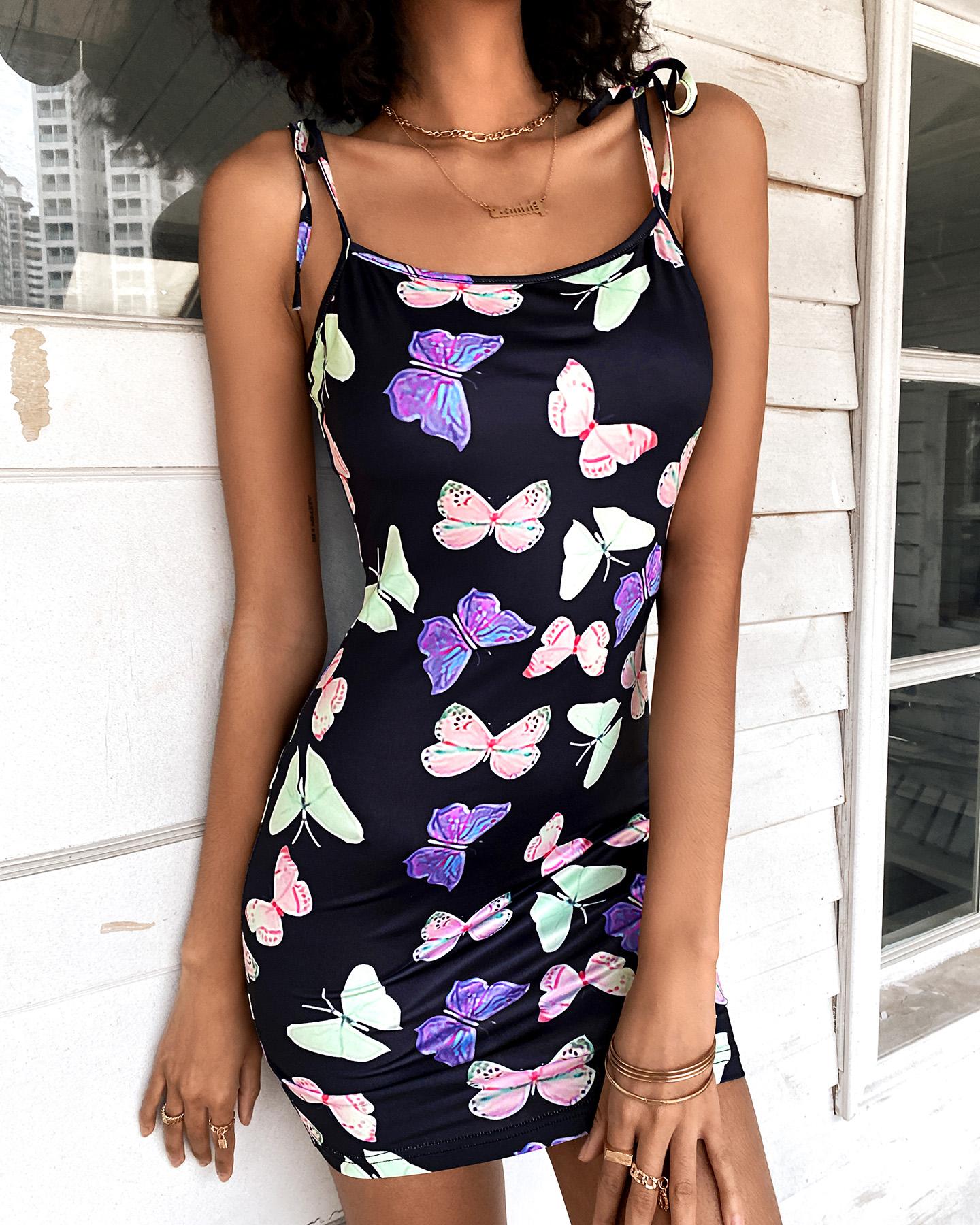 

Spaghetti Strap Butterfly Print Bodycon Dress, Multicolor