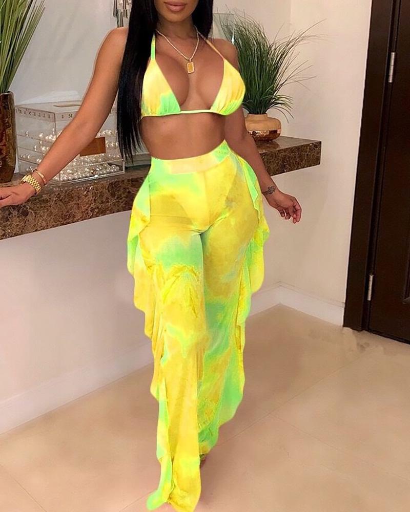 

Halter Tie Dye Print Bikini Top & Ruffles Mesh Pants Set With Panty, Yellow