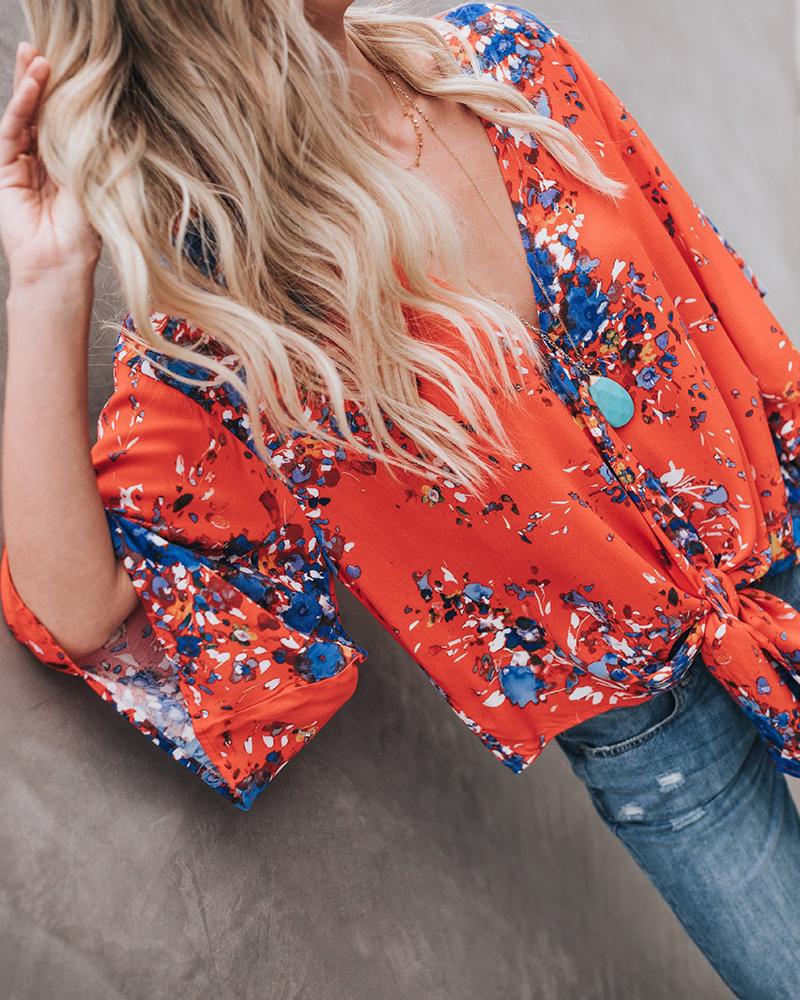 

Floral Print V Neck Chiffon Top, Orange