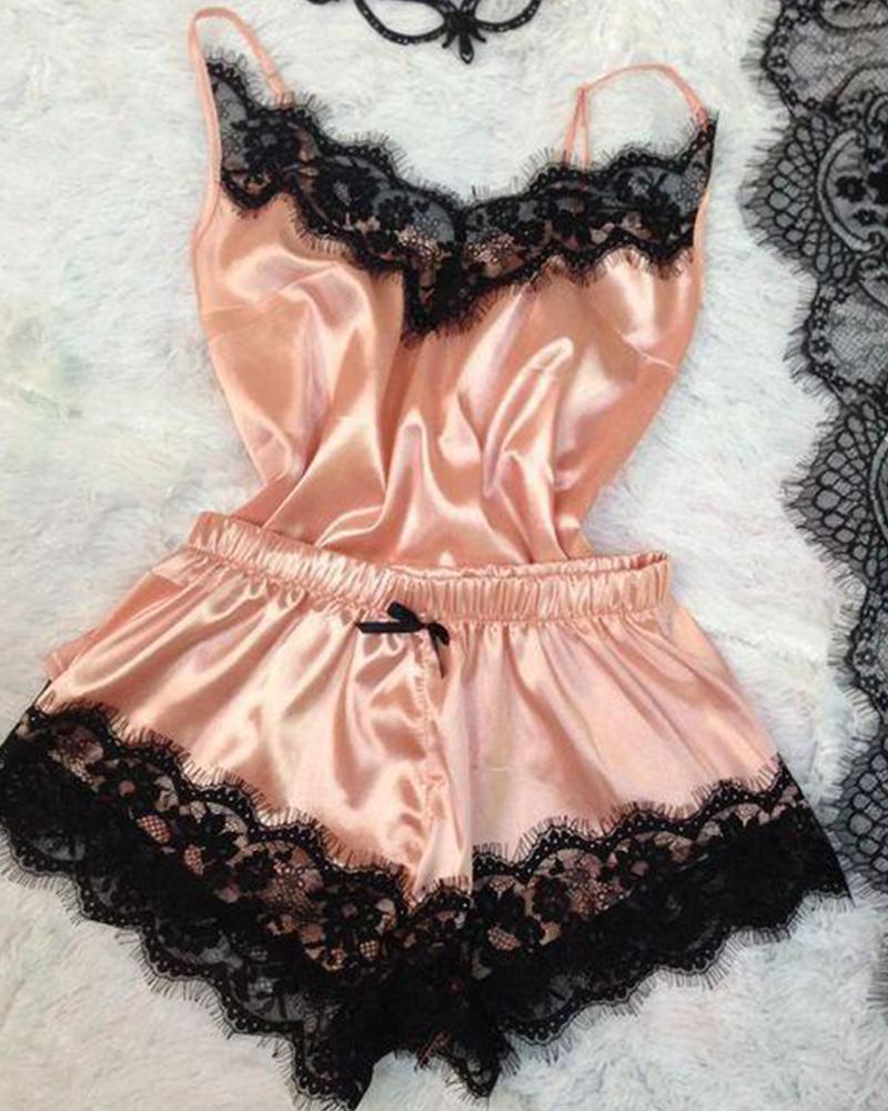 

Lace Trim Pajama Set, Pink