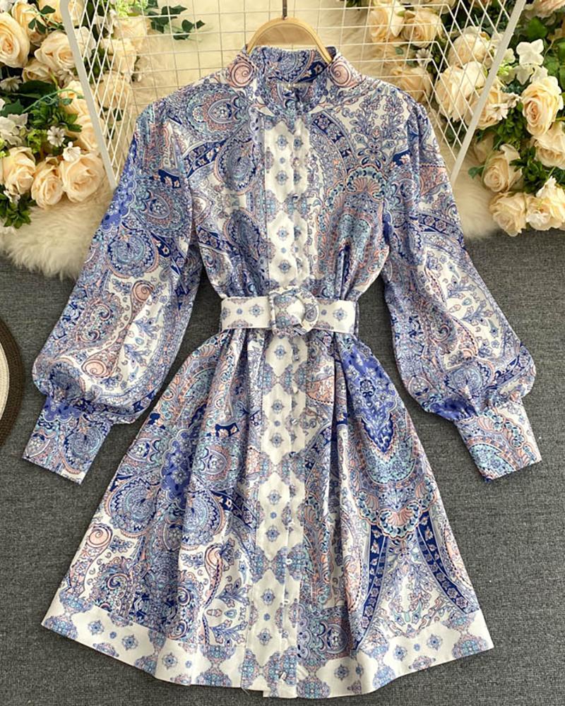 

Retro Paisley Print Lantern Sleeve Casual Dress, Blue