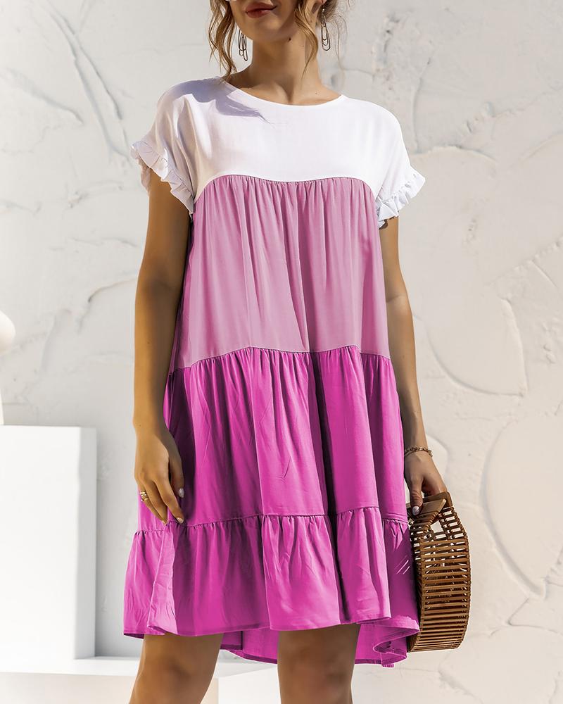 

Colorblock Frill Hem Short Sleeve Casual Dress, Hot pink