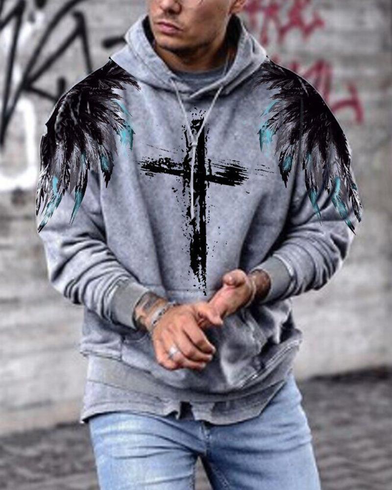 

Creative Cross Print Long Sleeve Hooded Sweatshirt, Gray
