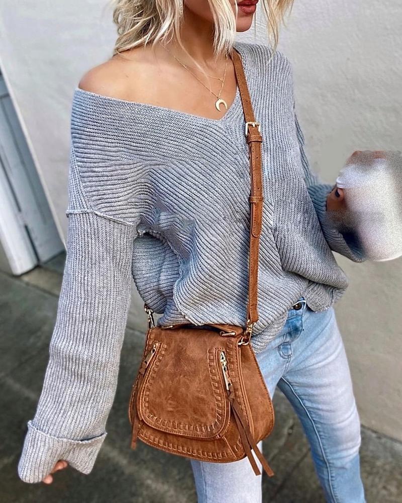 

Long Sleeve Solid Knit Casual Sweater, Gray