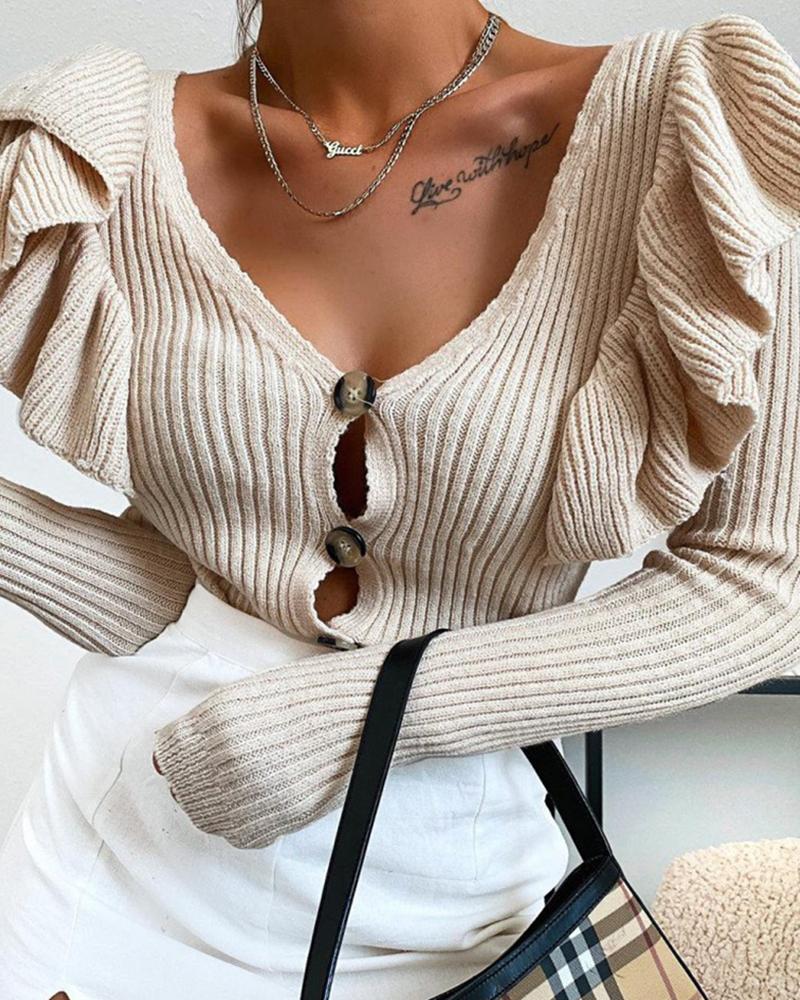

Button Design Ruffles Trim Knit Sweater, Apricot