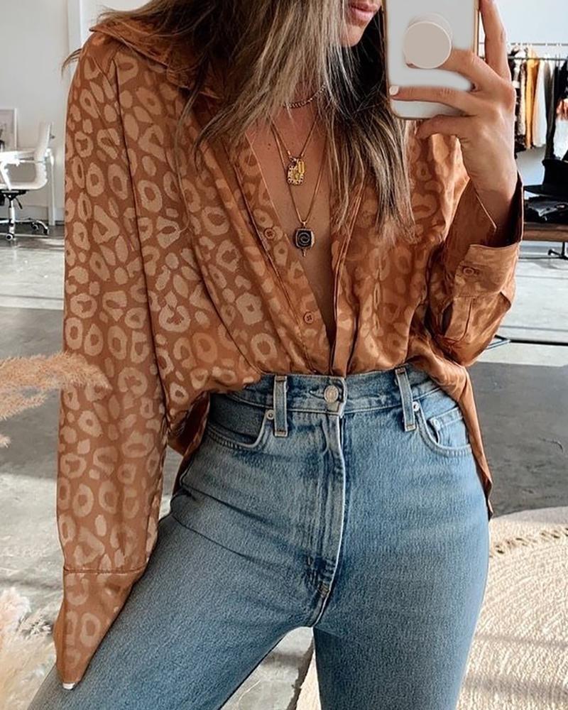 

Leopard Print Plunge Long Sleeve Blouse, Brown