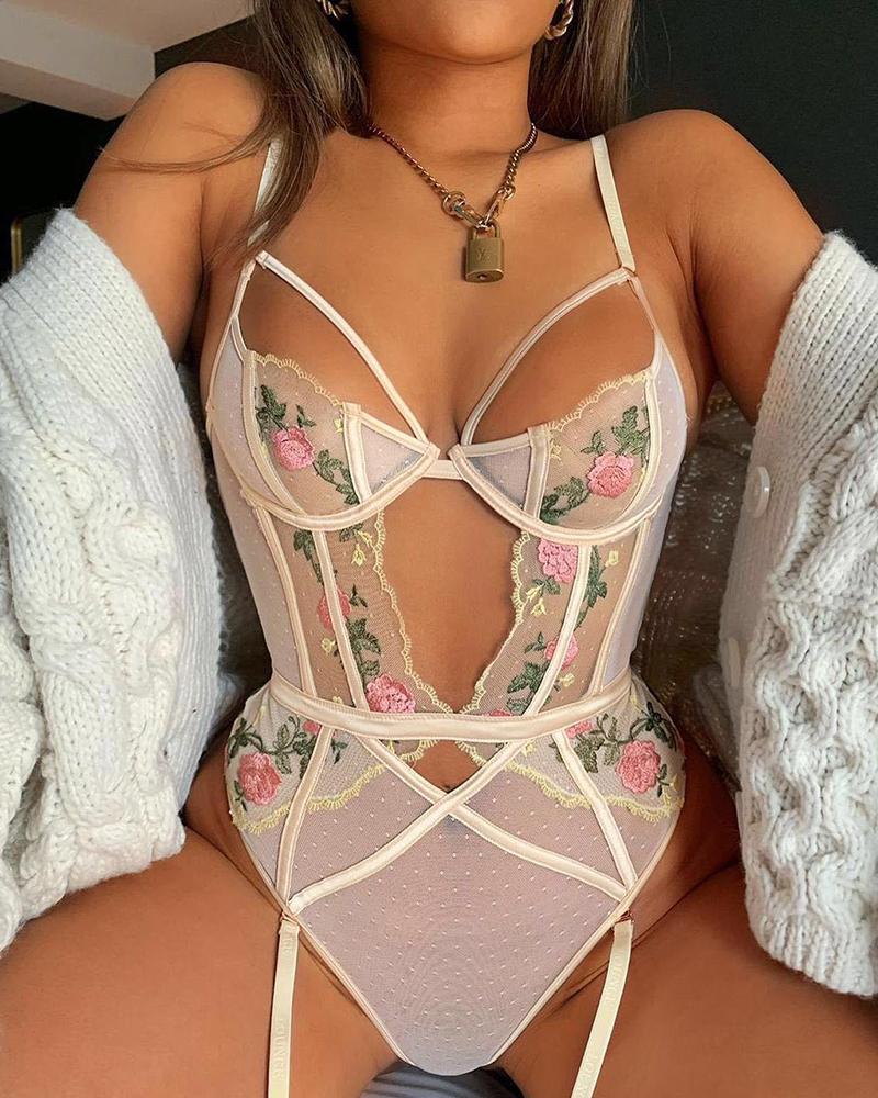 

Floral Embroidery Lace Insert Teddy, White