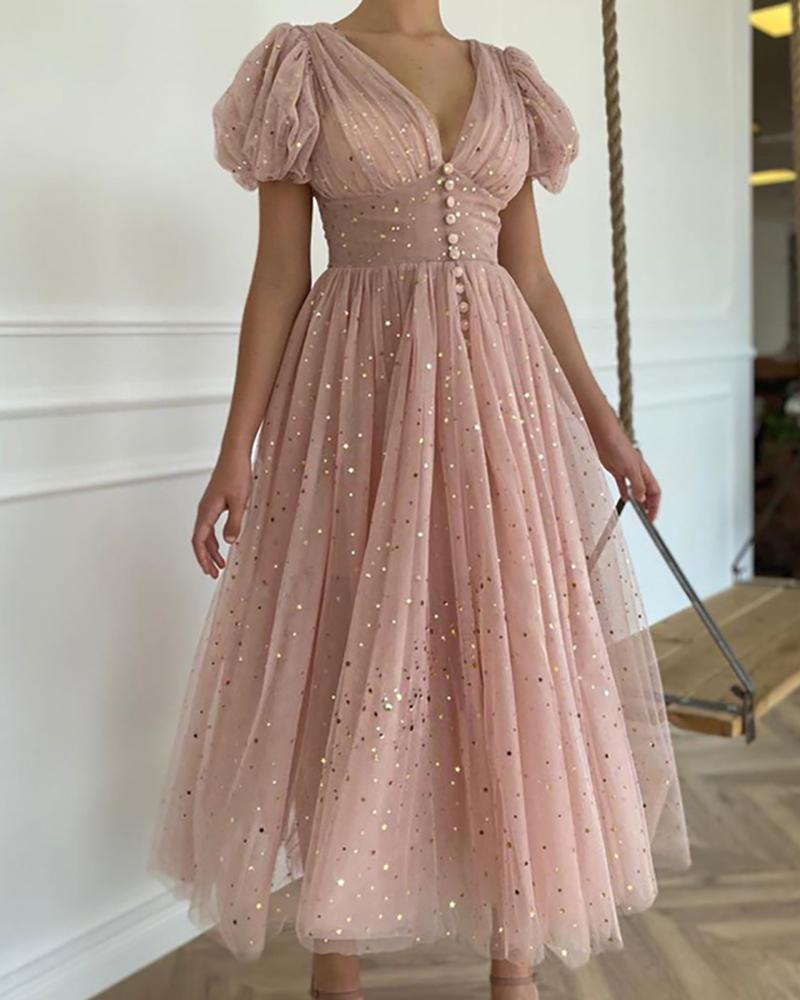 

Button Front Puff Lantern Sleeve Ruched Mesh Prom Dress, Light pink