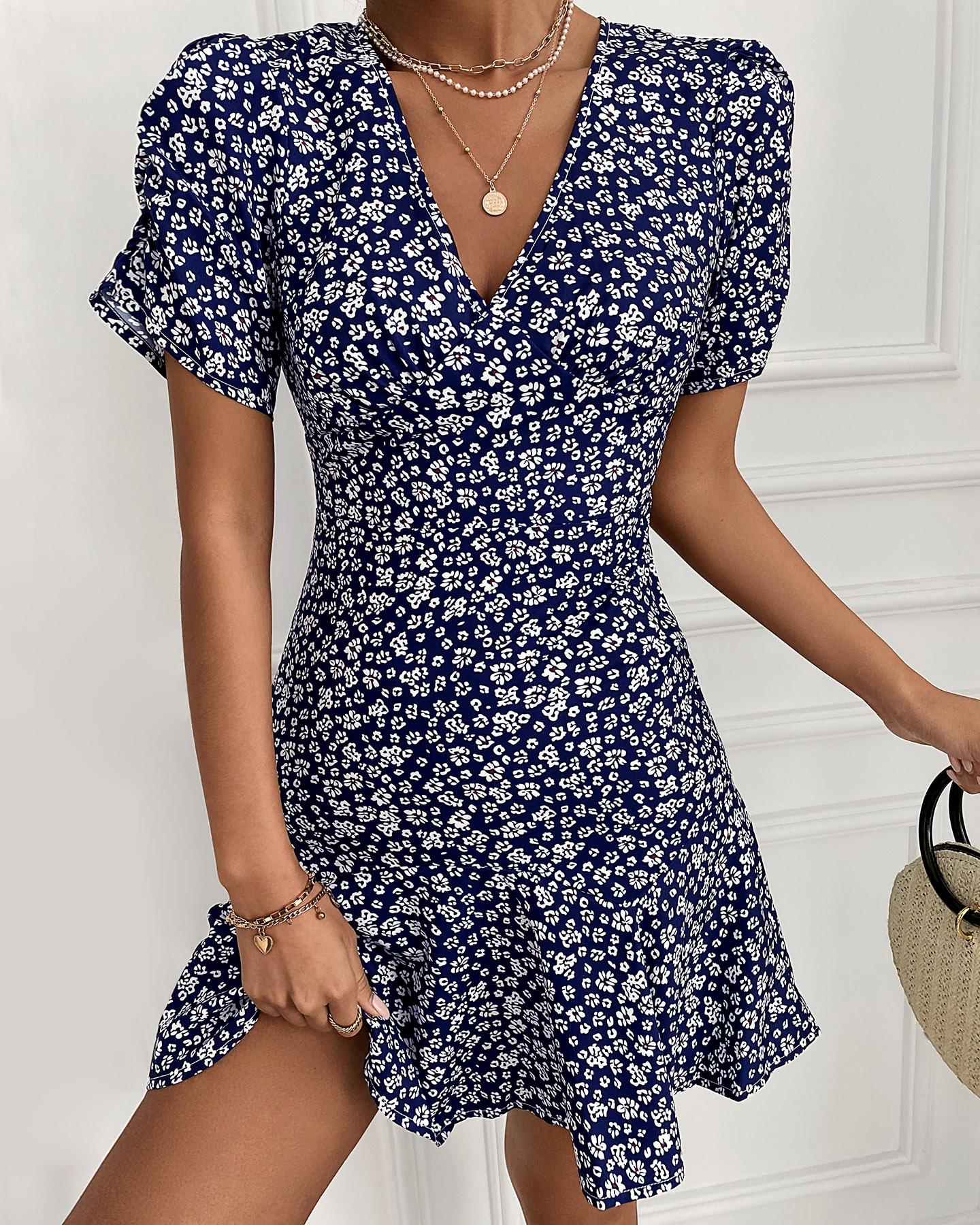 

Flower Print Short Sleeve A-line Dress, Blue