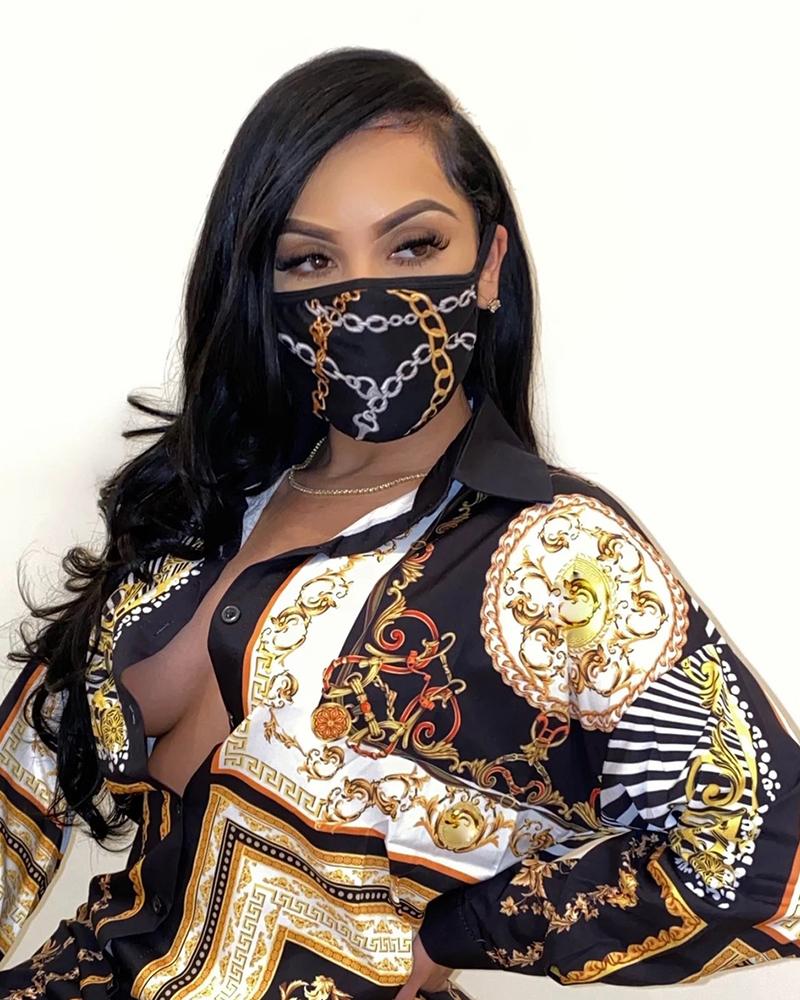 

Chain Print Breathable Mouth Mask Washable And Reusable Without Cord Lock Toggles, Black