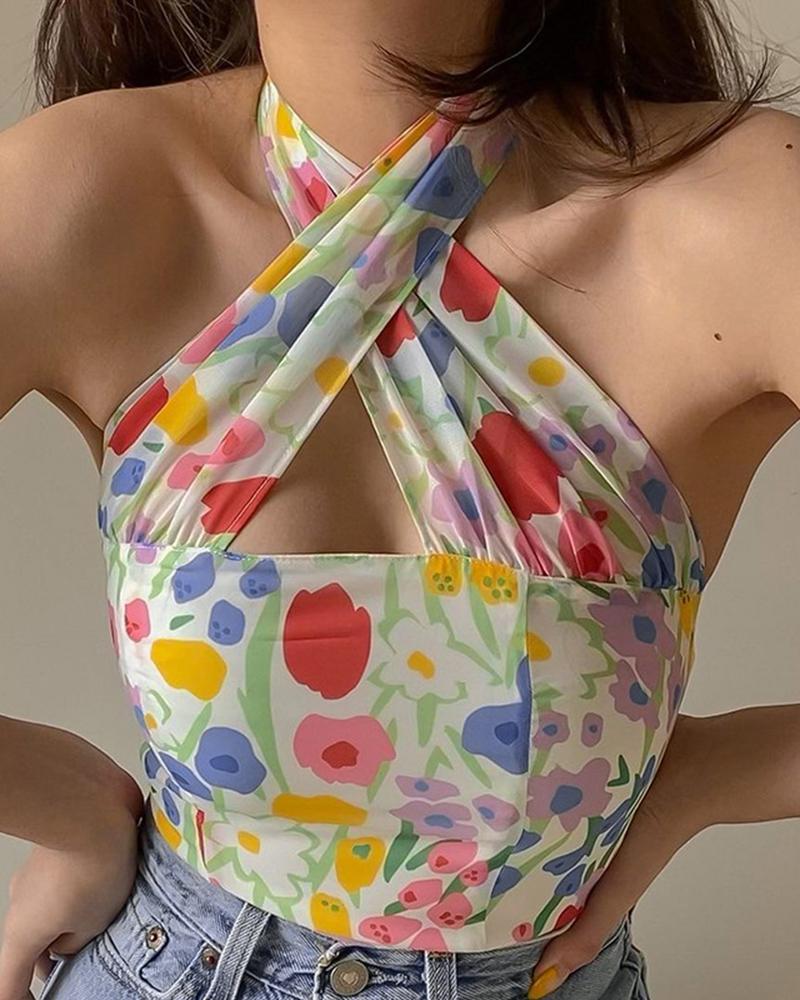 

Multicolor Floral Print Cut-out Halter Sleeveless Cropped Tank, White