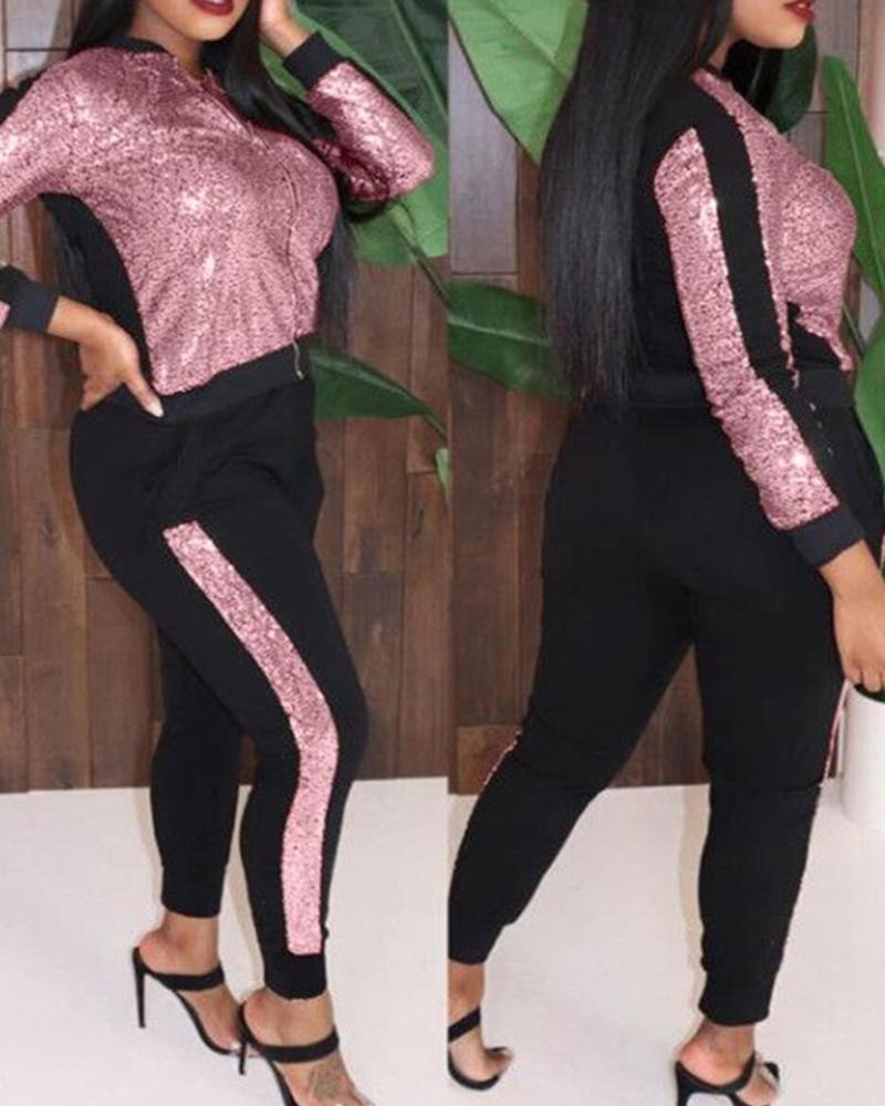 

Sequins Zipper Design Striped Tape Top & Fitted Pants Set, Pink