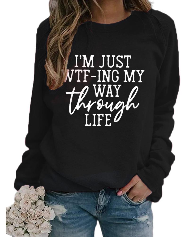 

Letter Print Round Neck Long Sleeve Sweatshirt, Black