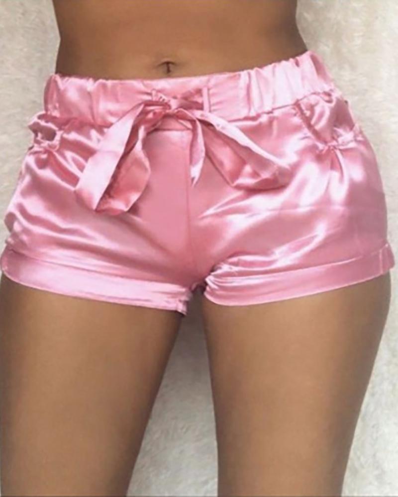 

Satin Drawstring High Waist Shorts, Pink