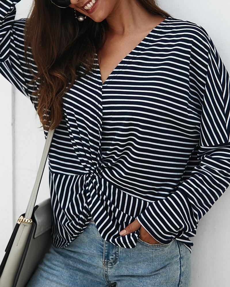 

Long Sleeve V-neck Twist Front Striped Women Top, Blue