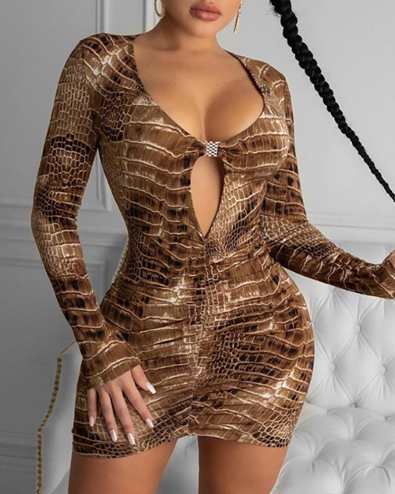 

Snakeskin Print Cutout Front Bodycon Dress, Brown