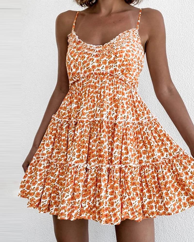

Spaghetti Strap Frill Hem Floral Print Dress, Orange