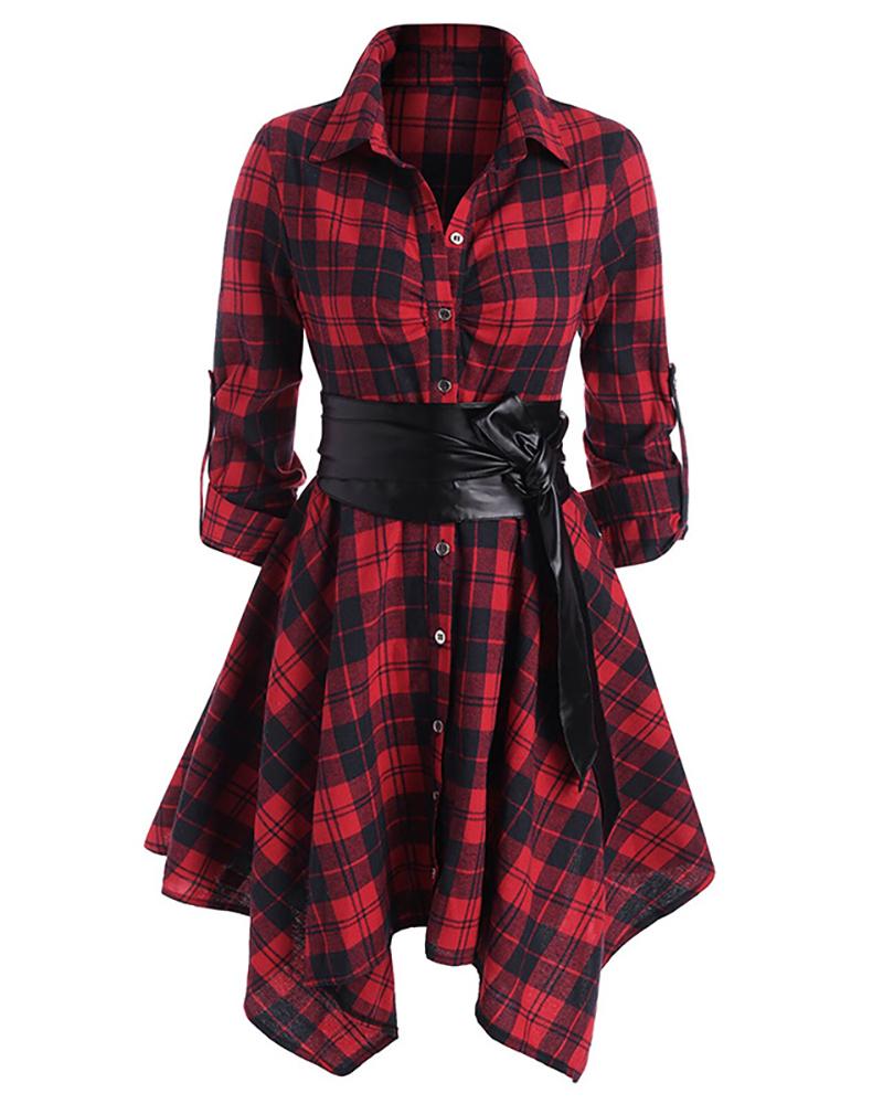 

Button Design Plaid Asymmetrical Shirt Dress, Red