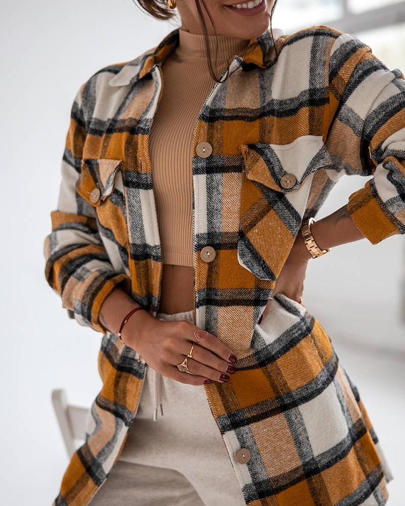 

Plaid Pocket Button Design Long Sleeve Shirt, Yellow