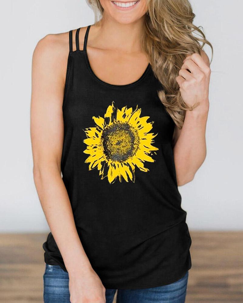 

Sunflower Print Round Neck Sleeveless Top, Black