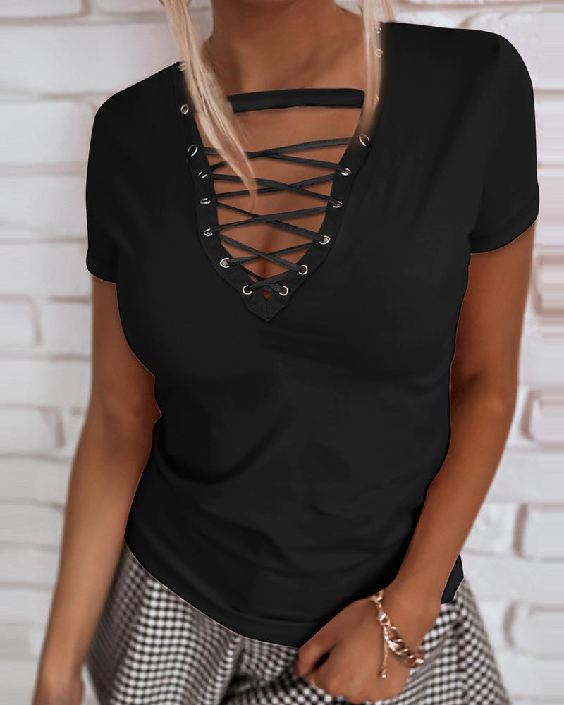 

Eyelet Lace-up Short Sleeve Basic T-shirt, Black