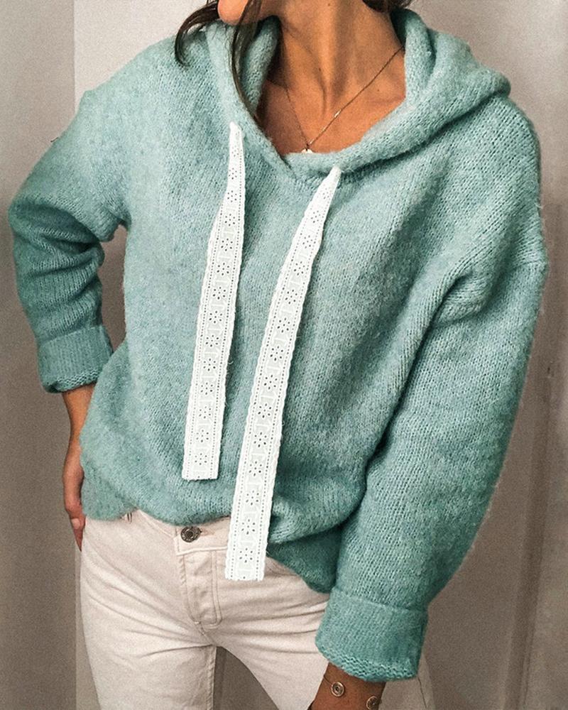 

Plain Knit Long Sleeve Hooded Sweater, Light blue