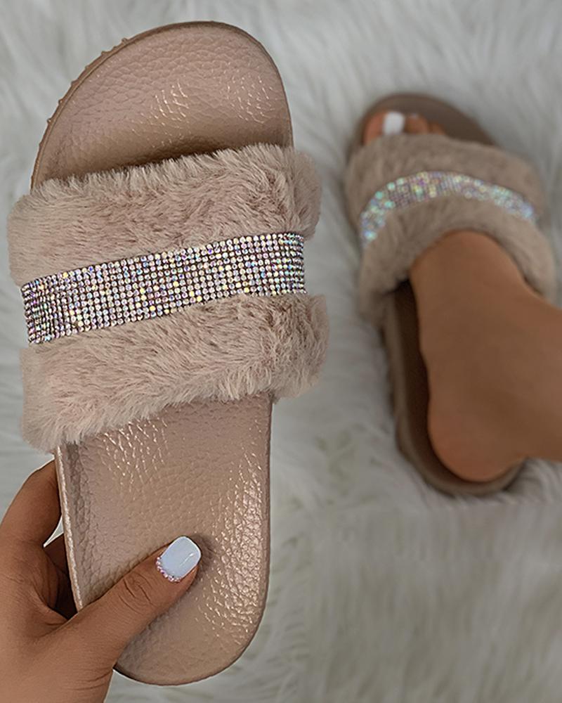 

Studded Fluffy Open Toe Slippers, Khaki