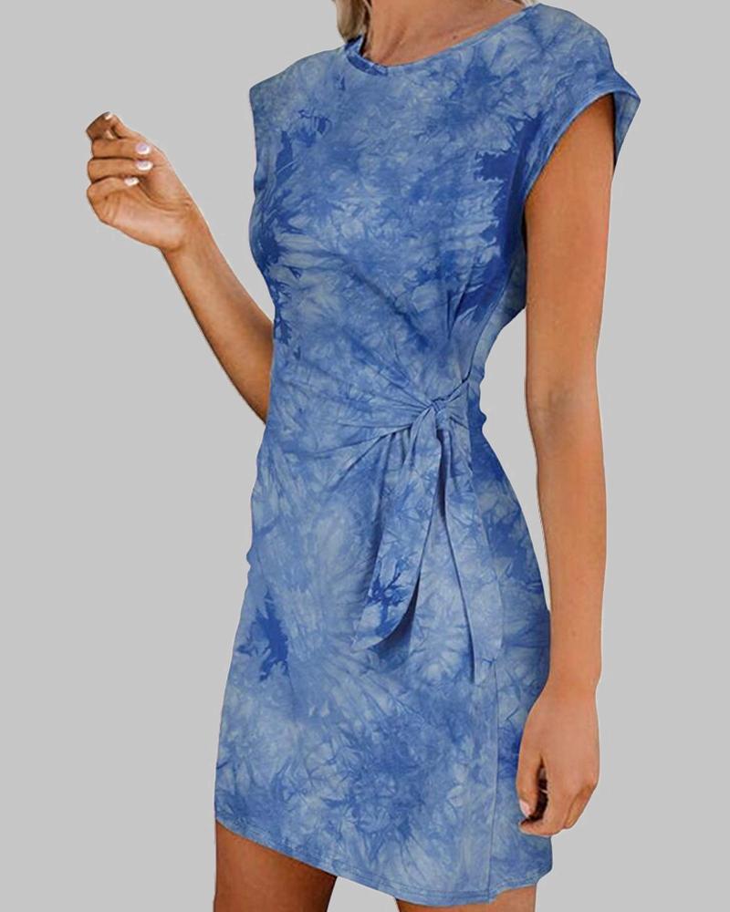 

Tie Dye Print Skinny Waist Short Sleeve Mini Women Dress, Blue
