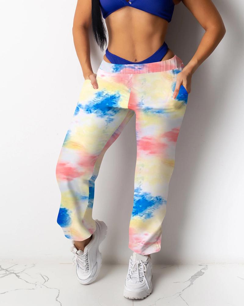 

Butterfly Tie Dye Print Pocket Design Casual Pants, Multicolor