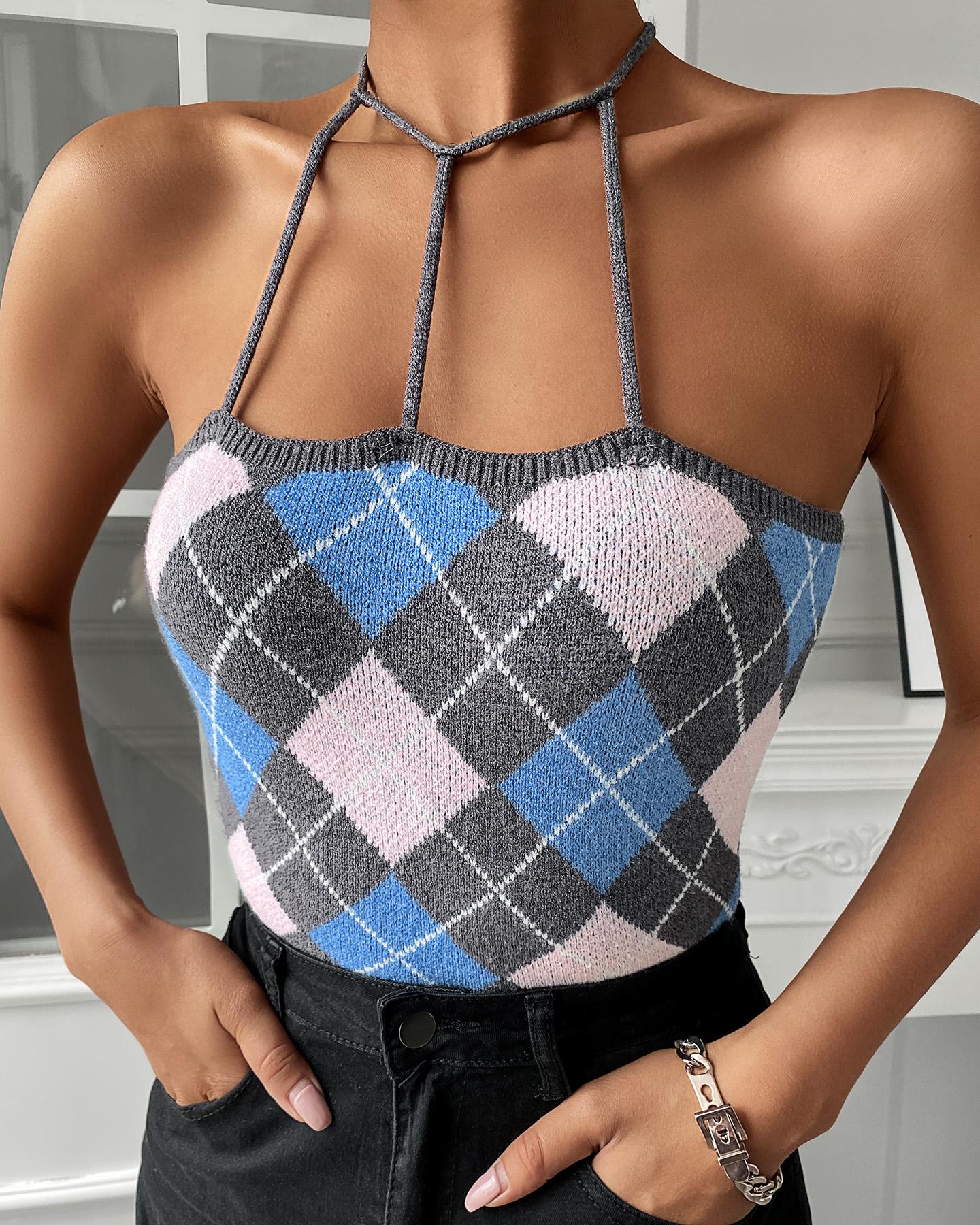 

Plaid Colorblock Halter Backelss Cutout Front Top, Blue