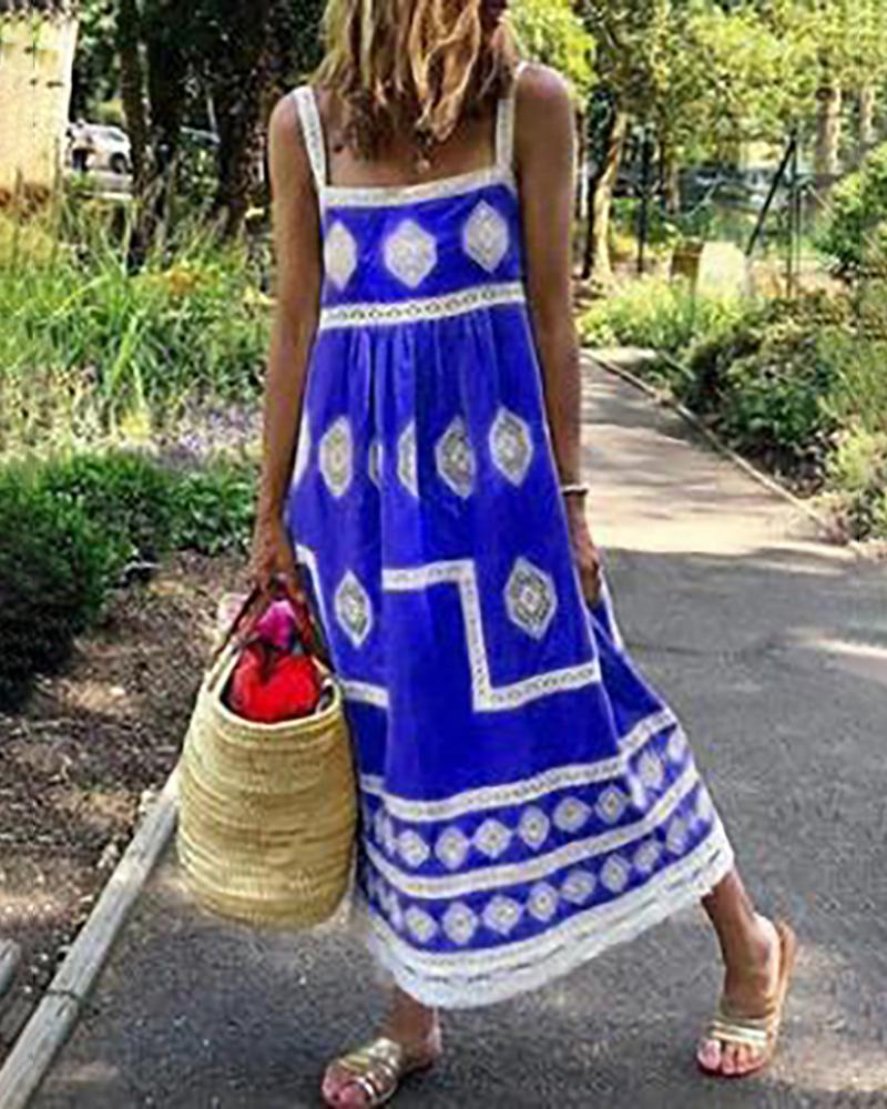 

Geometry Print Colorblock Square Neck Maxi Women Dress, Dark blue