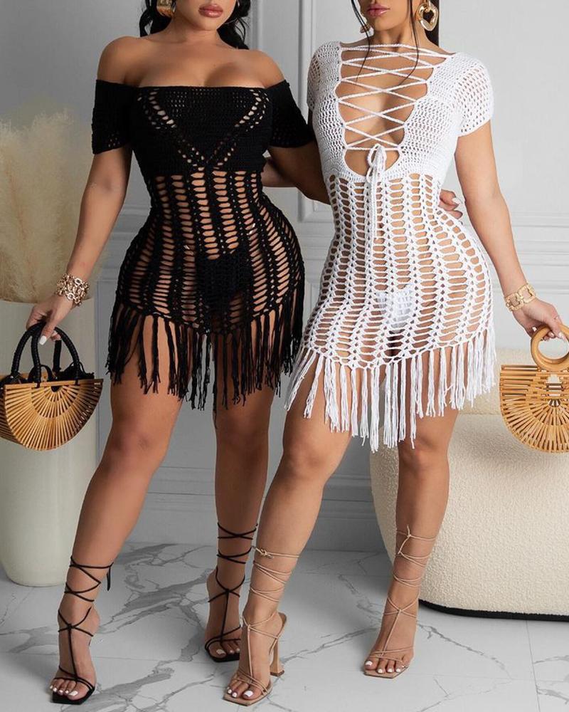 

Lace-up Tassel Design Knit Hollow Out Cover Up Dress Without Panty, Black