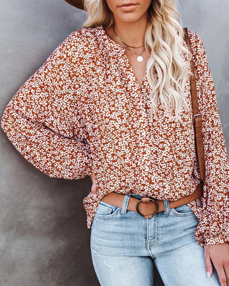 

Ditsy Floral Print Long Sleeve Button Design Shirt, Red