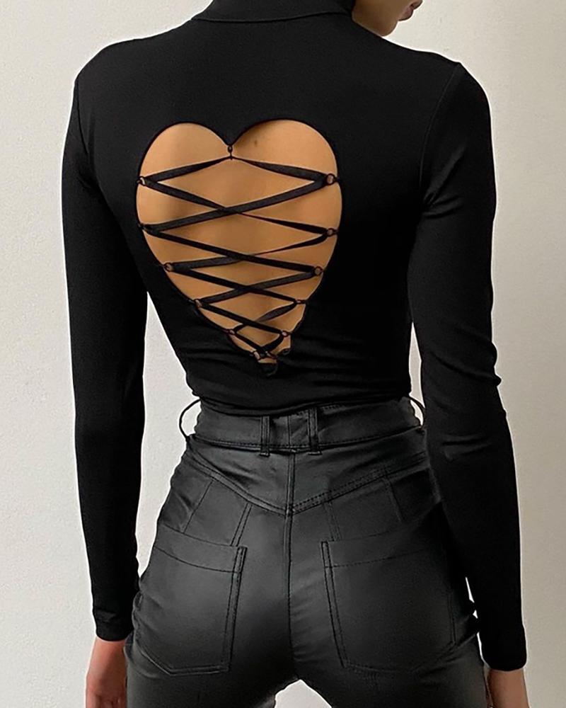 

High Neck Strappy Long Sleeve T-shirt, Black