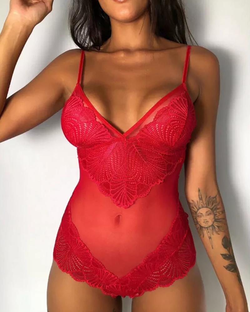 

Sheer Mesh Floral Lace Teddies, Red