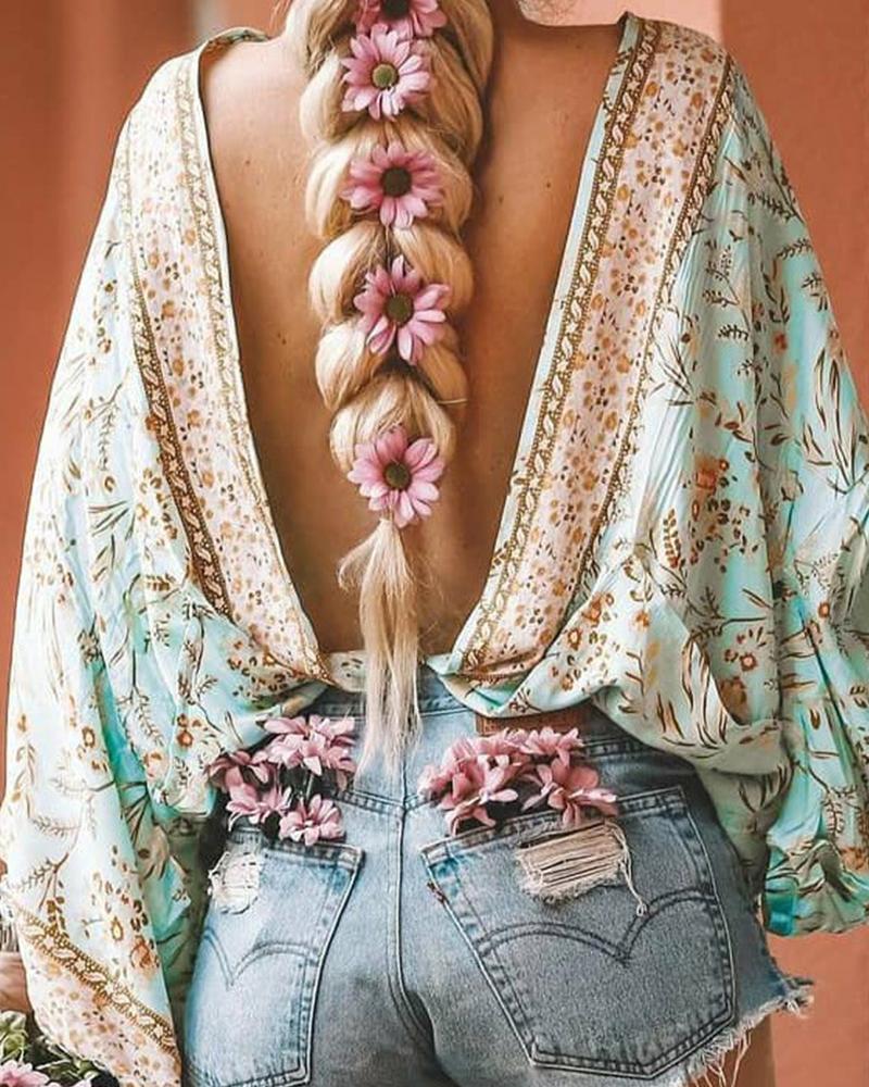 

Floral Print Long Sleeve Loose Backless Blouse, Green