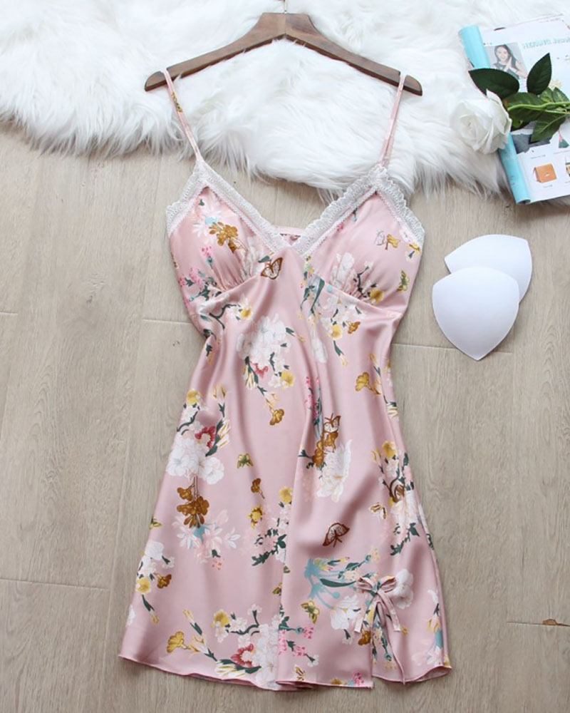 

Frill Hem Floral Print Contrast Lace Padded Spaghetti Strap Slip Sleepwear, Light pink