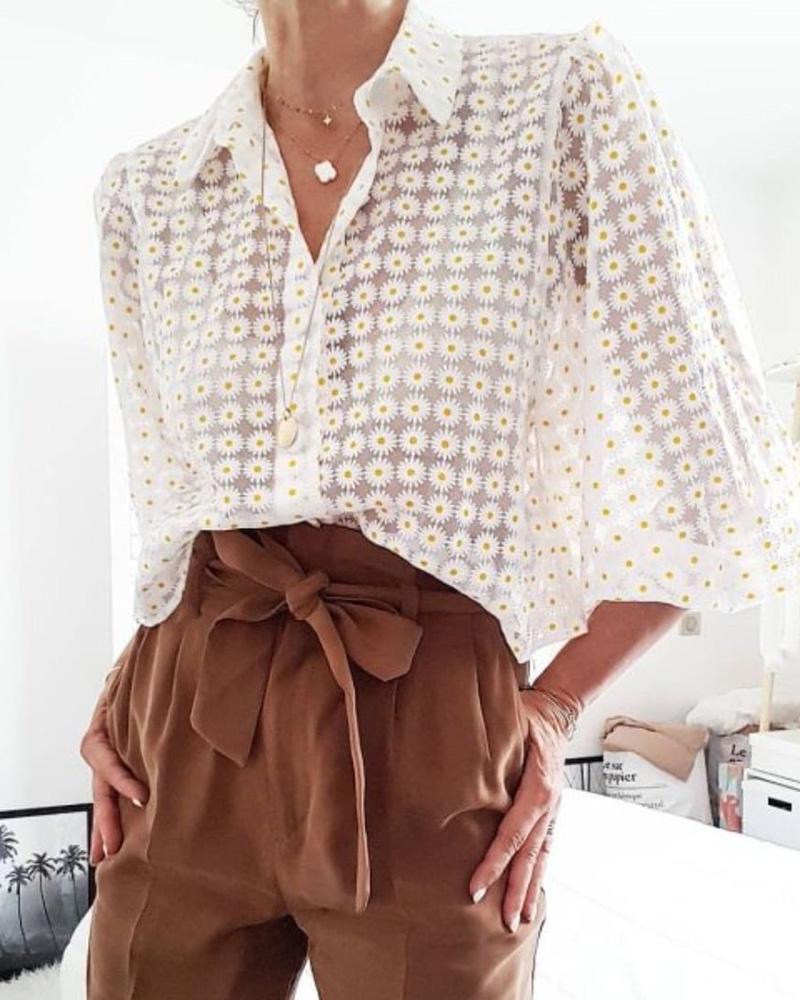 

Daisy Print Long Sleeve Casual Shirt, White